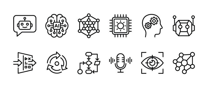 Artificial intelligence machine learning technology icons representing various concepts like robotics, data processing, neural networks, and cognitive computing in a modern line art style.