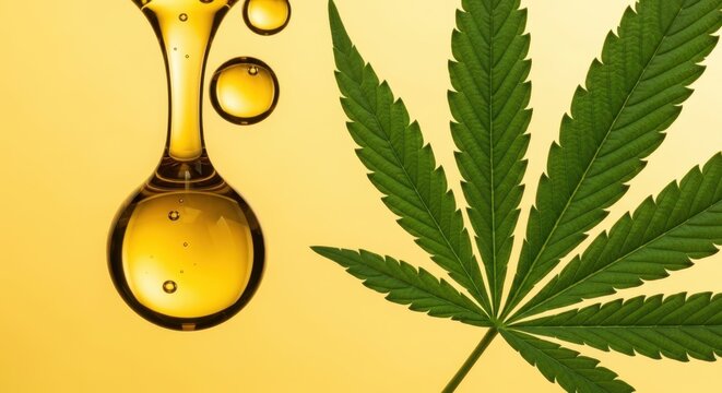 Golden oil droplet beside a cannabis leaf on a light background