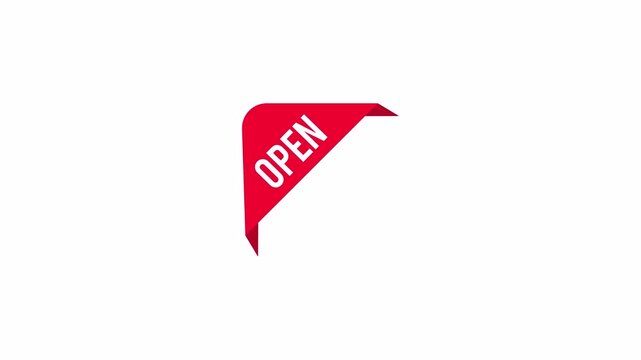 An animated red corner ribbon with open text appearing, signaling business availability or new store opening