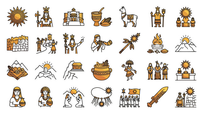 Incan Empire Icon Set in Gold Linear Style. A collection of Incan heritage linear icons, including sun god, emperor, llama, temple, flute, mountains, maize, pottery, warrior, ritual