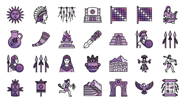 Inca Empire Icon Set in Purple Style. A collection of linear icons representing ancient culture, including Inti, Machu Picchu, Quipu, Sapa Inca, Tumi, Sun Gate, and more. Inca, Peru, Editable Stroke.