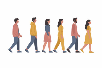 Obraz premium Diverse group of people walking in a line vector illustration
