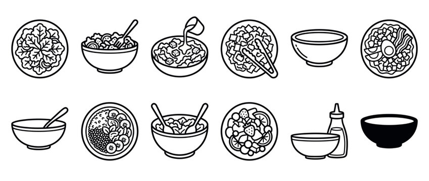 Collection of various healthy food bowls and empty dishes, including fresh salads, fruit mixes, and serving utensils in a clean line art style.
