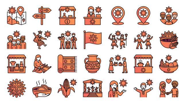 Inti Raymi Festival set of icons in linear gradient style. A collection of Incan culture icons, including sun, Peru, tradition, dance, music, food, market, pottery, weaving, corn
