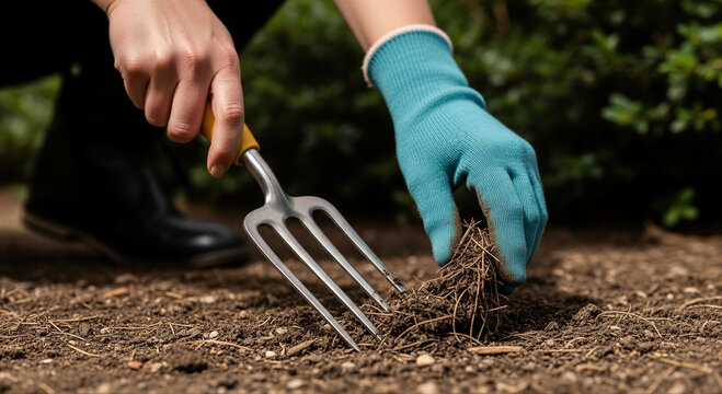Person gardening with hand fork in mulch bed