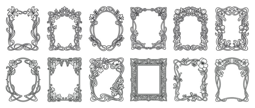 Decorative Art Nouveau frames set featuring various elegant floral and organic motifs for vintage design projects and invitations.