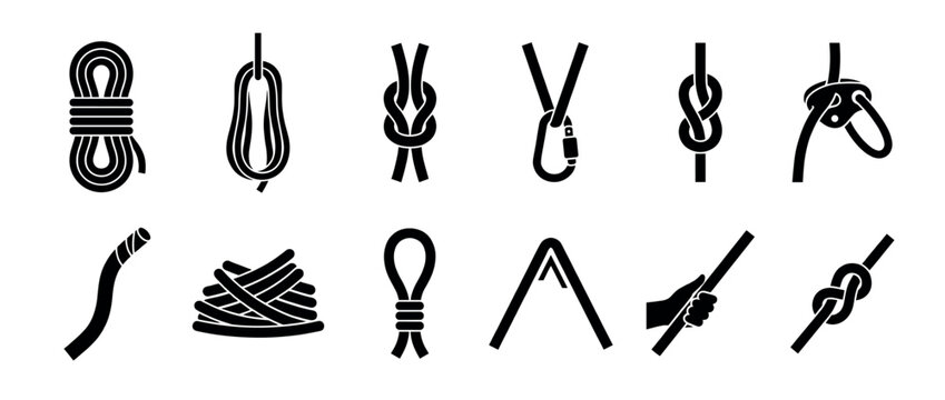 Ropes, knots, and climbing equipment vector icons illustrating various uses and configurations for safety and outdoor activities.