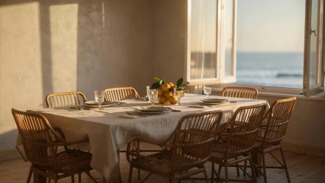 Medium shot of a summer dining room bathed in golden light with gentle ocean waves soundscape and citrus scent to evoke a seaside dinner ambiance.