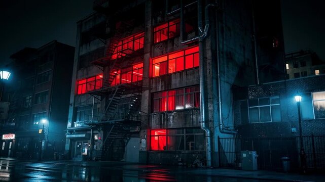 Rainy night scene of old urban building with glowing red fire escape stairs atmospheric cityscape