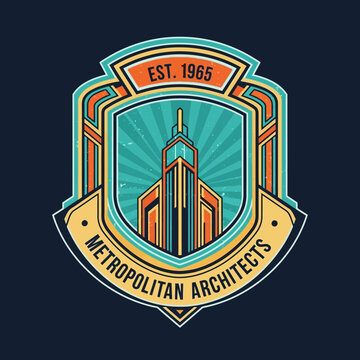 Retro Shield Emblem with Skyscraper and Sunburst for Metropolitan Architects EST. 1965