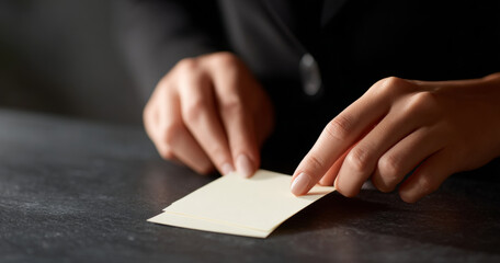 Obraz premium Person folding blank paper on dark surface