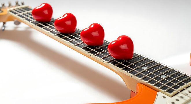 Red hearts on the fretboard of an electric guitar close up transparent background