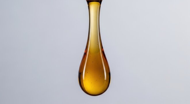 Golden liquid elegantly swirling in a slender glass bottle against a plain background