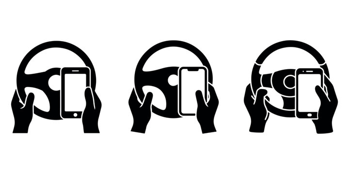 Set of car steering wheel with hands holding smartphone and mobile phone device for navigation or texting while driving safety alert sign vector graphics