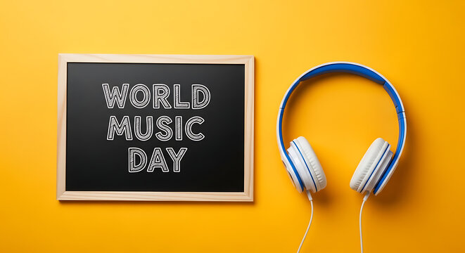 World Music Day celebration with headphones and chalkboard on yellow background transparent background