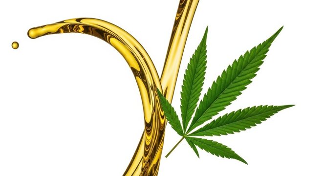 Golden liquid dripping over a cannabis leaf symbolizing medicinal oil extraction