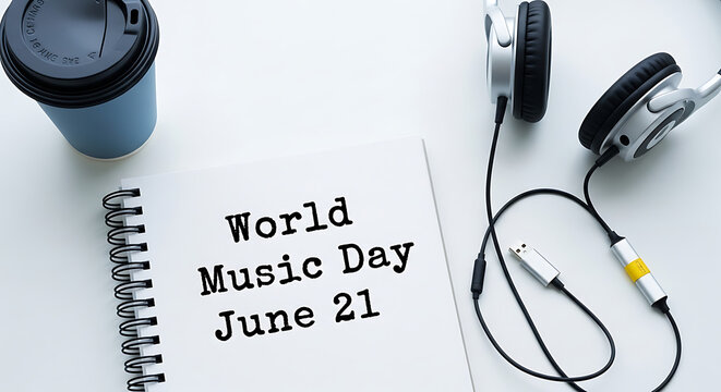 World Music Day June 21 celebration with headphones and coffee on white background transparent background