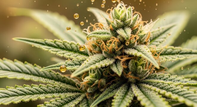 Close-up of a dew-covered cannabis bud in vibrant green hues with delicate water droplets