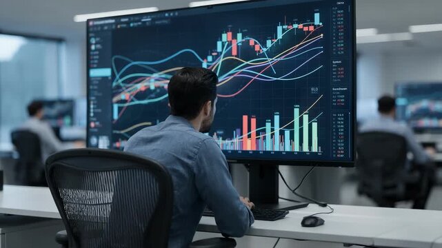 Employee analyzing live transaction graphs on central display in payment operations room background blurred to emphasize detailed data review.