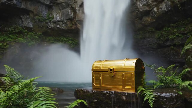 Treasure chest in a waterfall.