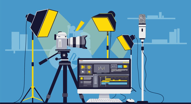 Professional video production studio setup with camera, lighting, and editing software.