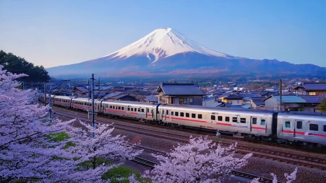 Japanese train with Mount Fuji in the background.