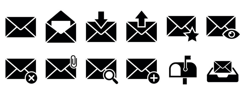 Collection of email icons and mail symbols representing various communication actions like sending, receiving, viewing, and managing messages.