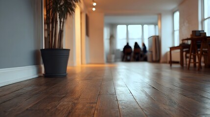 Fototapeta premium Low angle view of a wooden floor leading to a serene interior space with blurred figures by the