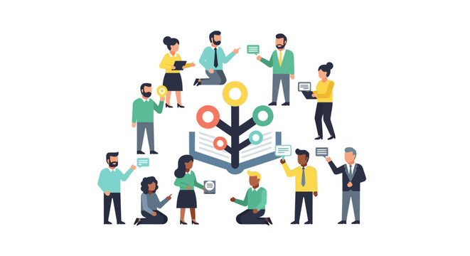 Diverse Team Collaborating on Knowledge Sharing, Digital Learning, and Global Networking Around a Central Idea