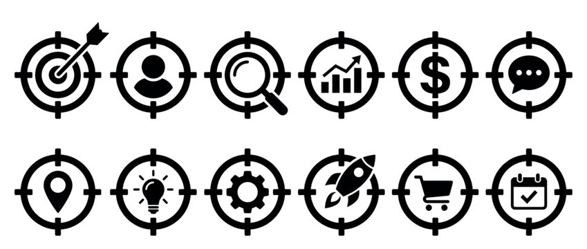 Collection of target icons representing various business, marketing, and goal-oriented concepts for strategic planning and success.