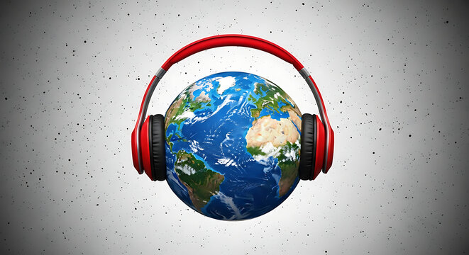 Globe wearing red headphones on gray background with black dots transparent background