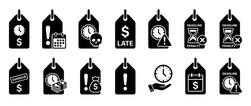 Financial deadline and penalty icons, representing late payments, overdue bills, and time-sensitive monetary obligations.