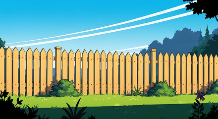 Fototapeta premium A wooden picket fence in a garden with green grass and blue sky background