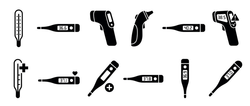 Medical thermometers vector icon set showing different types of temperature measurement tools for healthcare applications and fever detection.