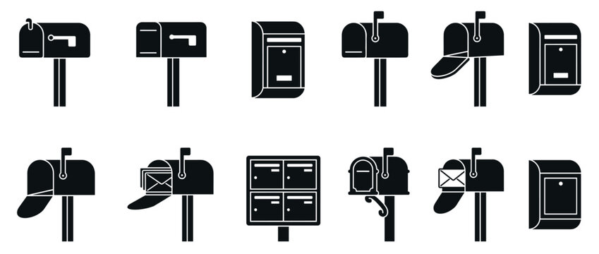 Mailbox postbox letterbox icons set with various styles and designs for communication, delivery, and postal service concepts.