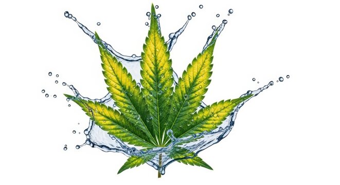 Cannabis leaf emerging from water splash