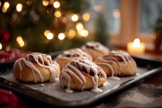 Tray of freshly baked cinnamon rolls with icing in festive kitchen setting, cozy holiday baking atmosphere with warm lights.