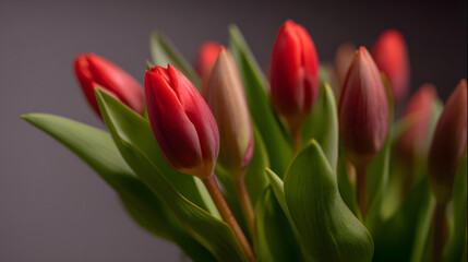 Obraz premium Red tulips in moody light, elegant floral composition with deep tones and rich texture.