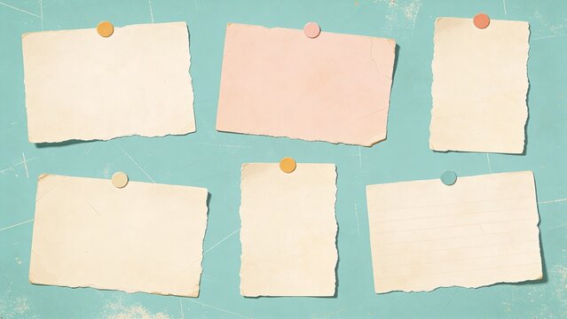 Collection of vintage paper notes pinned on turquoise board, retro memo display