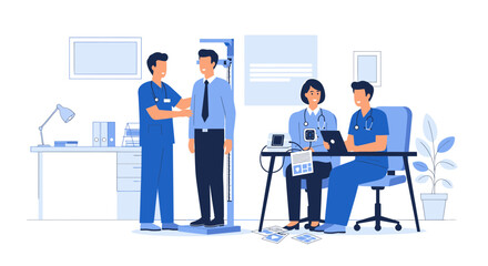 Fototapeta premium Medical check-up: doctor measuring patient's height, nurses record data, healthcare concept