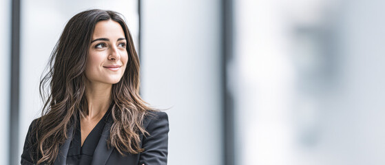 Obraz premium Confident businesswoman in a black suit smiling and looking to the side in a modern office setting.