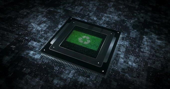 Recycling symbol flag on computer cpu. Eco friendly technology icon banner digital and cyber technology concept animation.