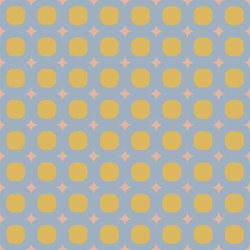 Seamless retro geometric pattern with yellow circles and grey squares.