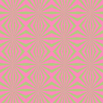 Seamless geometric sunburst pattern with pink and green rays.