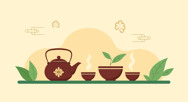 Traditional Japanese Tea Ceremony Set with Teapot and Cups.