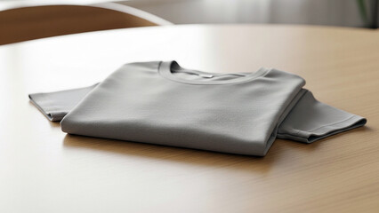 Naklejka premium Folded gray tshirt on wooden table in modern room setting