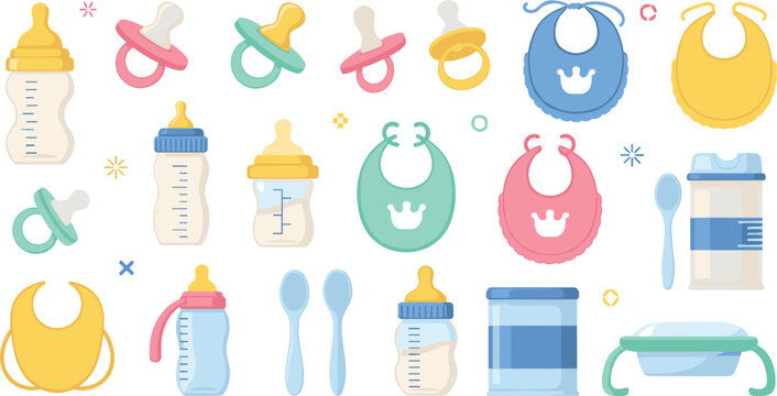 Baby feeding and care items set with bottles, pacifiers and bibs, newborn accessories collection for infant nutrition and childcare vector illustration