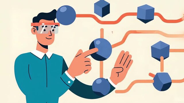 Man in VR headset interacting with digital data blocks and nodes, representing technology and innovation