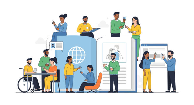 Global Digital Community Sharing Knowledge and Information: Diverse People Connecting Online, Collaborating, and Learning Across Platforms