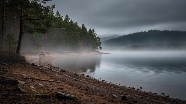 Peaceful lakeside forest with mist over water and pine trees along the shore at dawn